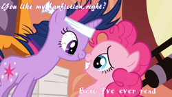 Size: 960x540 | Tagged: safe, imported from derpibooru, pinkie pie, twilight sparkle, caption, fanfic, pink text, purple text