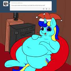 Size: 1000x1000 | Tagged: safe, artist:watertimdragon, imported from derpibooru, oc, oc only, oc:jester bells, fat, hat, jester hat, looking at you, morbidly obese, obese, solo, stomach noise, tumblr