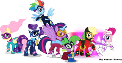 Size: 5259x2732 | Tagged: safe, artist:vector-brony, imported from derpibooru, applejack, fili-second, fluttershy, humdrum, masked matter-horn, mistress marevelous, pinkie pie, radiance, rainbow dash, rarity, saddle rager, spike, twilight sparkle, zapp, alicorn, pony, power ponies (episode), female, mane seven, mane six, mare, power ponies, simple background, transparent background, twilight sparkle (alicorn)