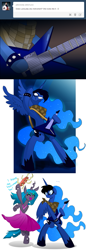 Size: 733x2129 | Tagged: safe, artist:jokerpony, imported from derpibooru, princess luna, queen chrysalis, pony, ask teen chrysalis, bipedal, clothes, comic, dress, goth, guitar, metal, musical instrument, romani, tambourine, tumblr