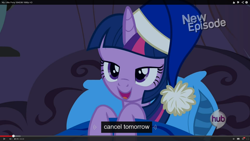 Size: 1600x900 | Tagged: safe, imported from derpibooru, screencap, twilight sparkle, alicorn, pony, power ponies (episode), bed, female, hat, mare, meme, nightcap, solo, twilight sparkle (alicorn), youtube caption