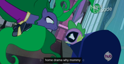 Size: 1600x830 | Tagged: safe, imported from derpibooru, screencap, humdrum, mane-iac, spike, power ponies (episode), maretropolis, meme, power ponies, youtube caption