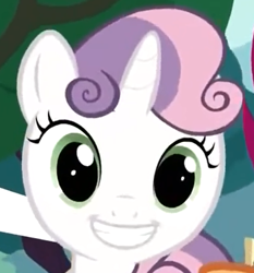 Size: 359x385 | Tagged: safe, imported from derpibooru, screencap, sweetie belle, flight to the finish, faic, female, generic happy face, grin, looking at you, solo