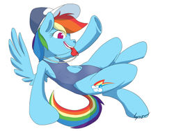 Size: 1280x960 | Tagged: safe, artist:sion, imported from derpibooru, rainbow dash, belly, belly button, clothes, female, hat, navel cutout, one-piece swimsuit, solo, swimsuit, whistle