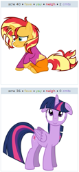 Size: 257x559 | Tagged: safe, imported from derpibooru, sunset shimmer, twilight sparkle, alicorn, pony, unicorn, derpibooru, bed mane, clothes, exploitable meme, floppy ears, juxtaposition, juxtaposition win, long neck, meme, meta, morning ponies, pajamas, twilight sparkle (alicorn)