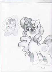 Size: 850x1170 | Tagged: safe, artist:digitaldomain123, artist:steffy-beff, imported from derpibooru, oc, oc only, blushing, cake, magic, monochrome, request, solo, traditional art