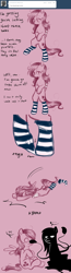 Size: 800x3094 | Tagged: safe, artist:xarakayx, imported from derpibooru, fluttershy, oc, pony, ask flutterstalker, bipedal, clothes, comic, dusk, flutterstalker, socks, striped socks, tumblr