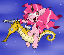 Size: 950x820 | Tagged: safe, artist:ichibangravity, imported from derpibooru, king sombra, pinkie pie, seahorse, ask king sombra pie, possessed, riding, sword