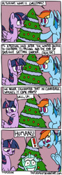 Size: 800x2236 | Tagged: safe, artist:timsplosion, imported from derpibooru, lyra heartstrings, rainbow dash, twilight sparkle, alicorn, pegasus, pony, unicorn, christmas, christmas tree, comic, female, mare, no pupils, that pony sure does love humans, tree, twilight sparkle (alicorn)