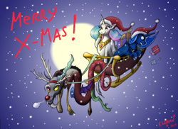 Size: 3507x2550 | Tagged: safe, artist:kh0nan, imported from derpibooru, discord, princess celestia, princess luna, christmas, hat, rudolph, rudolph the red nosed reindeer, santa hat, sleigh
