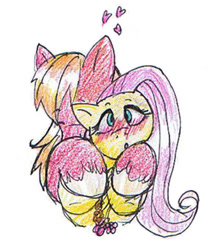 Size: 518x622 | Tagged: safe, artist:candyandbiffle, imported from derpibooru, big macintosh, fluttershy, earth pony, pony, blushing, fluttermac, heart, hug, male, shipping, stallion, straight, traditional art