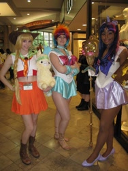 Size: 720x960 | Tagged: safe, imported from derpibooru, applejack, rainbow dash, twilight sparkle, human, book, convention, cosplay, irl, irl human, photo, sailor moon, sailor scout, sailor twilight, staff