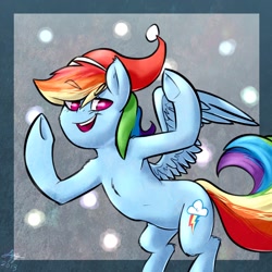 Size: 900x900 | Tagged: dead source, safe, artist:lizzyoli-ravioli, imported from derpibooru, rainbow dash, pegasus, pony, abstract background, bipedal, christmas, female, hat, holiday, mare, open mouth, santa hat, signature, solo, underhoof