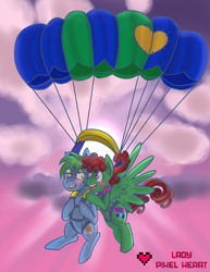 Size: 2975x3850 | Tagged: safe, artist:ladypixelheart, imported from derpibooru, oc, oc only, oc:software patch, oc:windcatcher, blushing, couple, flying, glasses, heart, parachute, patch, skydiving, windpatch