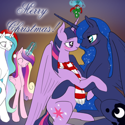 Size: 3500x3500 | Tagged: safe, artist:silfoe, imported from derpibooru, princess cadance, princess celestia, princess luna, twilight sparkle, alicorn, pony, alicorn tetrarchy, bedroom eyes, blushing, clothes, eye contact, eyes closed, female, frown, hat, hug, lesbian, magic, mare, mistletoe, open mouth, raised hoof, santa hat, scarf, shipping, smiling, spread wings, telekinesis, twilight sparkle (alicorn), twiluna