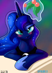 Size: 1944x2688 | Tagged: safe, artist:skyart301, artist:skyline19, imported from derpibooru, princess luna, pony, blushing, female, holly, holly mistaken for mistletoe, magic, solo