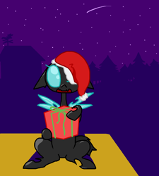 Size: 606x674 | Tagged: safe, artist:the weaver, artist:weaver, imported from derpibooru, oc, oc only, oc:danganya, changeling, ask ice pack, changeling oc, christmas changeling, cute, hat, looking at you, open mouth, present, santa hat, sitting, smiling, solo