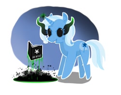 Size: 972x758 | Tagged: safe, artist:no-face181, imported from derpibooru, trixie, pony, unicorn, ash, black sclera, book, corrupted, female, magic, mare, pentagram, solo, sombra eyes