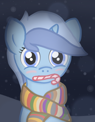 Size: 1000x1280 | Tagged: safe, artist:captainbritish, imported from derpibooru, minuette, pony, unicorn, candy cane, clothes, doctor who, female, fourth doctor, fourth doctor's scarf, mouth hold, scarf, snow, snowfall, solo, striped scarf