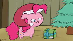 Size: 1280x720 | Tagged: safe, artist:captain64, imported from derpibooru, pinkie pie, christmas, female, hat, present, santa hat, solo