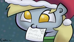 Size: 1191x670 | Tagged: dead source, safe, artist:captain64, imported from derpibooru, derpy hooves, pegasus, pony, christmas, female, hat, letter, mare, mouth hold, santa hat, solo