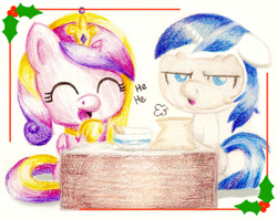 Size: 600x474 | Tagged: safe, artist:flutterluv, imported from derpibooru, princess cadance, shining armor, christmas, holly, traditional art