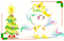 Size: 800x508 | Tagged: safe, artist:flutterluv, imported from derpibooru, princess celestia, chibi, christmas, christmas tree, female, holly, solo, traditional art, tree