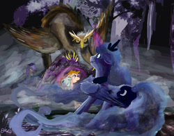 Size: 1455x1142 | Tagged: safe, artist:owlvortex, imported from derpibooru, princess luna, alicorn, owlbear, pony, ethereal mane, female, mare, night guard, owlursus