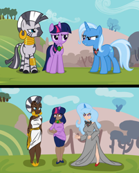 Size: 612x760 | Tagged: safe, artist:twinkledrop, imported from derpibooru, trixie, twilight sparkle, zecora, human, zebra, magic duel, alicorn amulet, dark skin, humanized, light skin, moderate dark skin, scene interpretation, skin