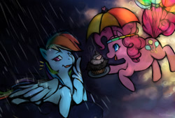 Size: 1280x864 | Tagged: safe, artist:bearbun, imported from derpibooru, pinkie pie, rainbow dash, balloon, cloud, cloudy, cupcake, flying, hat, rain, umbrella hat