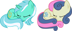 Size: 1354x590 | Tagged: safe, artist:doctor-g, imported from derpibooru, bon bon, lyra heartstrings, sweetie drops, curled up, cute, simple background, sleeping, transparent background, vector