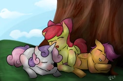 Size: 1652x1100 | Tagged: safe, artist:cnat, imported from derpibooru, apple bloom, scootaloo, sweetie belle, pony, cutie mark crusaders, eyes closed, sleep pile, sleeping, tree, trio, under the tree