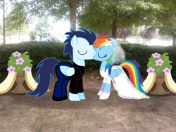 Size: 2592x1944 | Tagged: safe, artist:misteraibo, artist:rainbowderp98, artist:the smiling pony, artist:tokkazutara1164, imported from derpibooru, rainbow dash, soarin', bush, clothes, dress, female, flower, flower pot, irl, kissing, male, photo, playground, ponies in real life, shadow, shipping, soarindash, straight, tree, vector, wedding, wedding dress