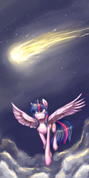 Size: 1500x3000 | Tagged: safe, artist:iceminth, imported from derpibooru, twilight sparkle, alicorn, pony, comet, female, flying, mare, night, solo, twilight sparkle (alicorn)