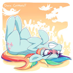 Size: 1280x1280 | Tagged: dead source, safe, artist:jopiter, imported from derpibooru, rainbow dash, magical mystery cure, angry, animal, blushing, female, gritted teeth, on back, solo, swapped cutie marks