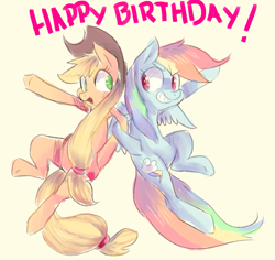 Size: 1247x1175 | Tagged: safe, artist:spanish-scoot, imported from derpibooru, applejack, rainbow dash, birthday, grin, happy, happy birthday, simple background, smiling