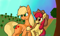 Size: 800x480 | Tagged: safe, artist:invaderugli, imported from derpibooru, apple bloom, applejack, apple, hat, sweet apple acres, tree