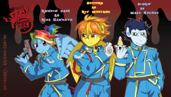 Size: 3993x2273 | Tagged: safe, artist:arteses-canvas, imported from derpibooru, rainbow dash, soarin', spitfire, anthro, fullmetal alchemist, gun, pistol, trigger discipline, trio