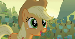 Size: 1320x696 | Tagged: safe, imported from derpibooru, screencap, applejack, bats!, apple, female, happy, solo, sweet apple acres, tree