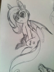 Size: 960x1280 | Tagged: safe, artist:spanish-scoot, imported from derpibooru, fluttershy, bat pony, pony, bats!, female, flutterbat, monochrome, race swap, solo, traditional art