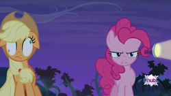 Size: 1280x720 | Tagged: safe, imported from derpibooru, screencap, applejack, pinkie pie, pony, bats!, angry, derp, flashlight (object), prehensile mane, serious face, silly, silly pony