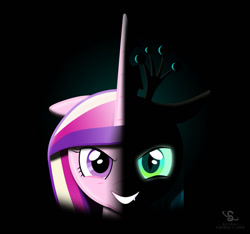 Size: 1024x960 | Tagged: safe, artist:scyphi, imported from derpibooru, princess cadance, queen chrysalis, alicorn, changeling, changeling queen, crown, disguise, disguised changeling, duality, fake cadance, female, jewelry, regalia