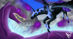 Size: 2202x1200 | Tagged: safe, artist:ingratate, imported from derpibooru, nightmare moon, dragon