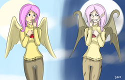 Size: 1400x900 | Tagged: safe, artist:dinobirdofdoom, imported from derpibooru, fluttershy, bat pony, human, bats!, clothes, duo, flutterbat, humanized, light skin, race swap, sweater, sweatershy, winged humanization