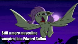 Size: 800x450 | Tagged: safe, edit, edited screencap, imported from derpibooru, screencap, fluttershy, bat pony, pony, bats!, caption, edward cullen, female, flutterbat, image macro, meme, race swap, roflbot, solo, take that, text, truth, twilight (series), wat