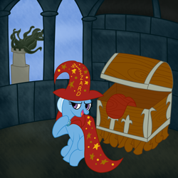 Size: 3000x3000 | Tagged: safe, artist:fetchbeer, imported from derpibooru, trixie, pony, unicorn, brooch, cape, clothes, crossover, discworld, female, hat, high res, jewelry, mare, rincewind, solo, the luggage