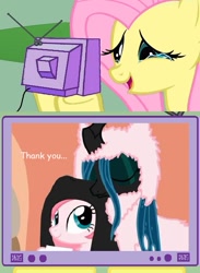 Size: 563x771 | Tagged: safe, artist:mixermike622, imported from derpibooru, fluttershy, queen chrysalis, oc, oc:fluffle puff, canon x oc, chrysipuff, crying, cuddling, exploitable meme, feels, female, fluttercry, hug, lesbian, meme, shipping, snuggling, tears of joy, tv meme