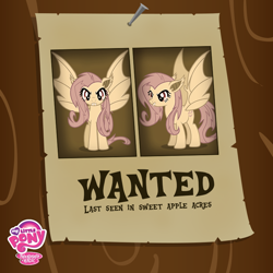 Size: 800x800 | Tagged: safe, imported from derpibooru, fluttershy, bat pony, pony, bats!, fangs, female, flutterbat, nail, official, paper, poster, race swap, solo, text, wanted, wanted poster