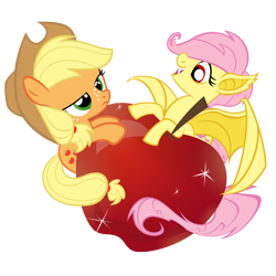 Size: 1000x1000 | Tagged: safe, artist:pixelkitties, imported from derpibooru, applejack, fluttershy, bat pony, earth pony, pegasus, pony, bats!, apple, cute, female, filly, filly applejack, filly flutterbat, filly fluttershy, flutterbat, race swap, simple background, transparent background, younger