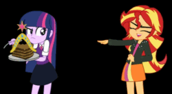 Size: 510x280 | Tagged: safe, artist:khuzang, imported from derpibooru, sunset shimmer, twilight sparkle, equestria girls, animated, cake, clothes, do you want this cake, female, harry partridge, laughing, pointing, skirt